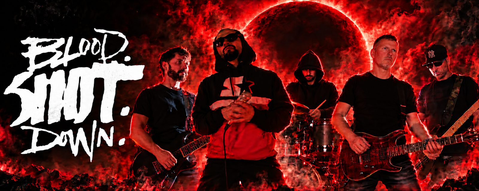 The five members of BLOOD SHOT DOWN in front of a blood-red eclipse